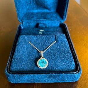 Stunning Round Aquamarine Gemstone Fine Necklace with pavé Diamond Halo